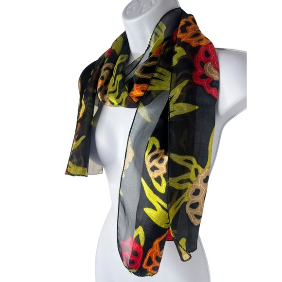 Black Vibrant Colors Floral Wrap Scarf Silk 60 in - Picture 2 of 4